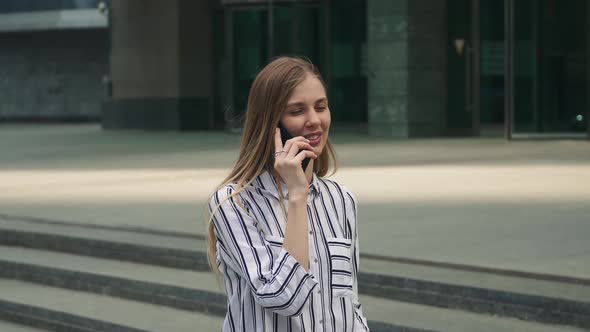 Woman Student Walking City Outdoor Call Phone, Talking Phone