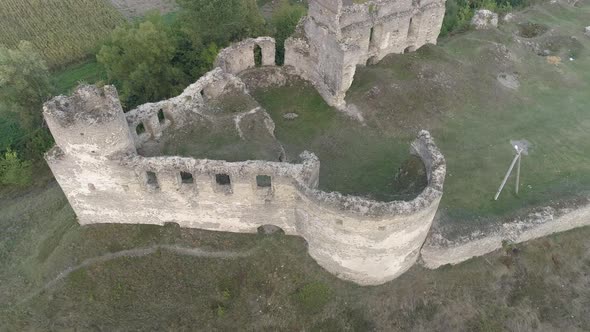 Aerial view of damaged towers and walls