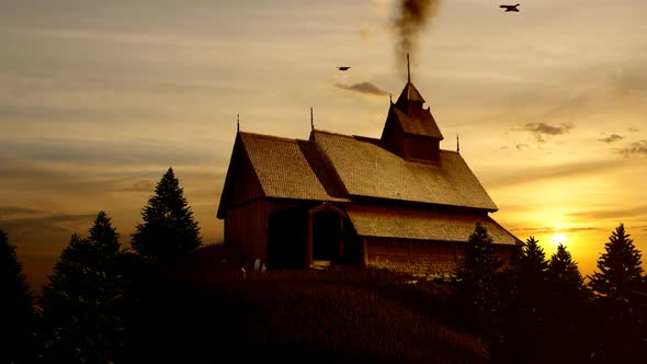 Wooden Chalet and Forest at Sunset View