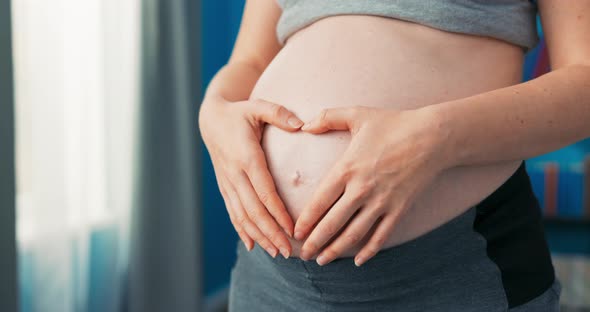 Closeup Shot of Abdomen of Woman in Advanced Pregnancy Last Trimester Standing By Window in