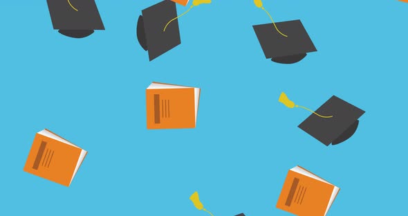 Animation of graduation college university hats and notebooks falling on blue background