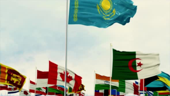 Kazakstan Flag With World Globe Flags Morning Shot