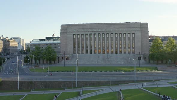 Close-up street view of the Helsinki Parliament Building, Finland.