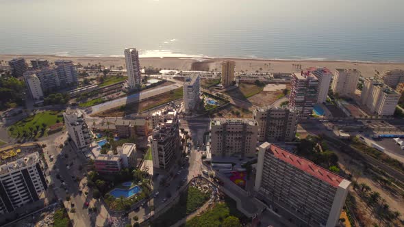 Aerial Establisher On Sunny Touristic Coastal Resorts In Alicante at dawn