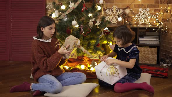 Two Excited Little Girls Shaking Gift Box Under Christmas Tree Sitting on the Floor