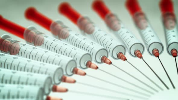 The circular array of many unused syringes. Healthcare. Loopable animation. HD