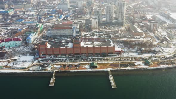View From the Drone to the Sportivnaya Embankment of Vladivostok in Winter