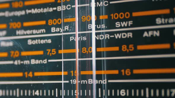 Tuning Analog Scale of the Retro Radio with the Names of Cities, Radio Stations and Frequency