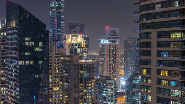 Dubai Marina and JLT at Night Timelapse Glittering Lights and Tallest Skyscrapers