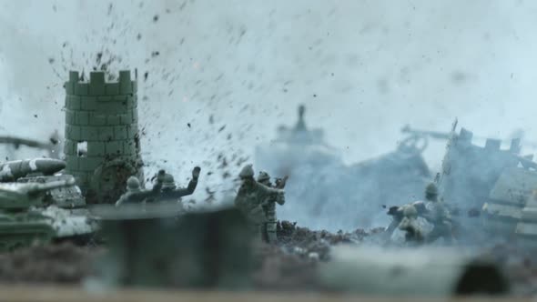 Explosion on a battlefield with army toys, Ultra Slow Motion