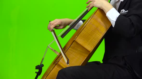 Cello Musical Instrument Close Up . Green Screen. Side View