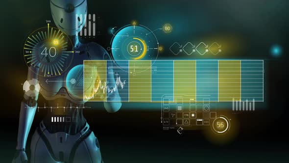 The Robot Works With Stock Data On A Virtual Panel 4K