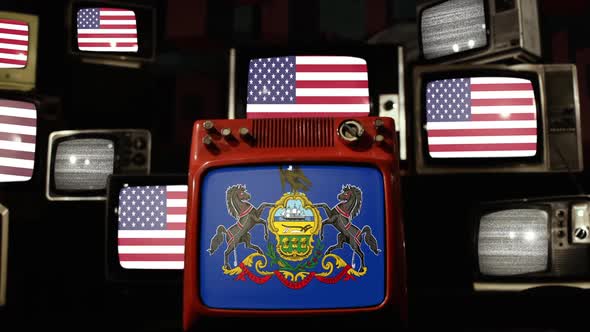 Flag of Pennsylvania and US Flags on Retro TVs.