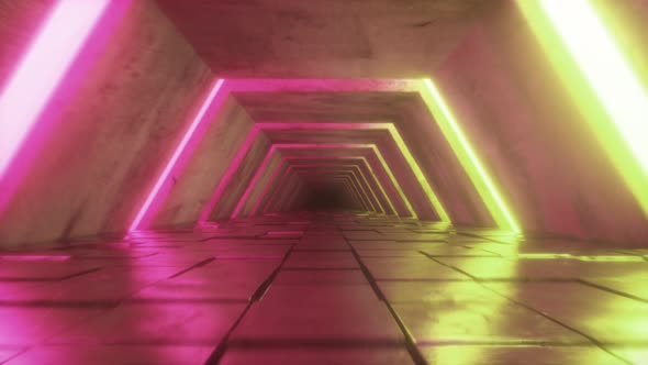 Flying in Futuristic Tunnel with Fluorescent Ultraviolet Lights