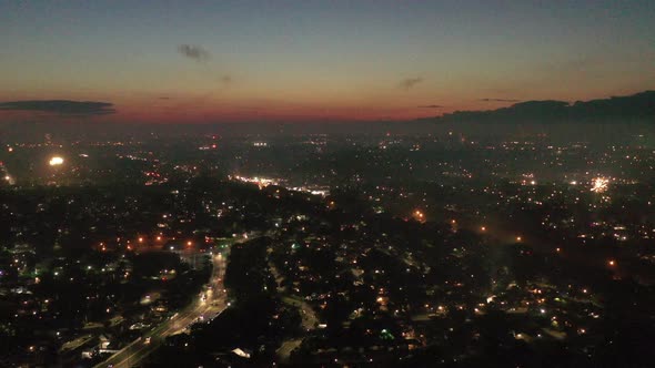 An aerial view of the 2021 4th of July fireworks on Long Island, NY just after sunset. The camera do