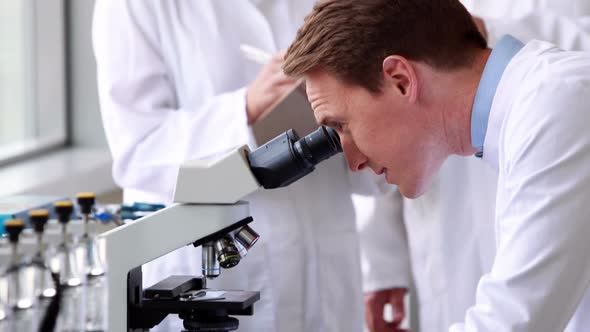 Chemist looking at a microscope with colleagues behind him