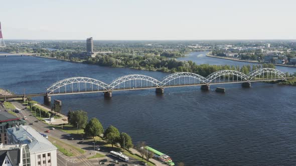 Iron Railway bridge over River Daugava in the Latvian capital of Riga