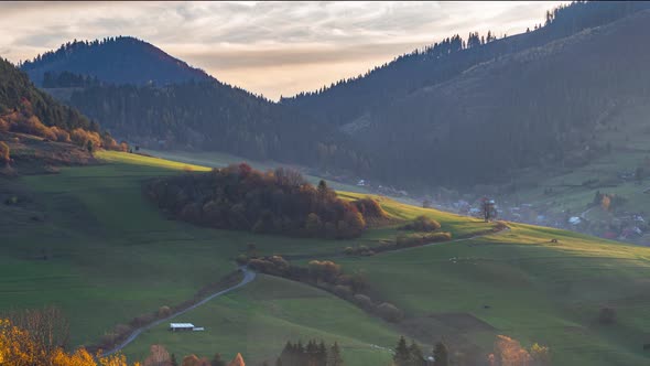 Morning Light of Sunrise in Autumn Country Landscape