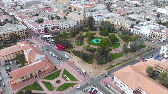 Main square Plaza Armas (La Serena, Chile) aerial view, drone footage