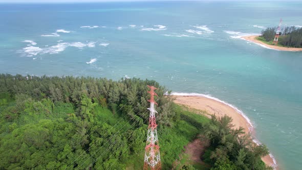 Aerial view high voltage steel power pylons Transmission tower supporting high voltage power line