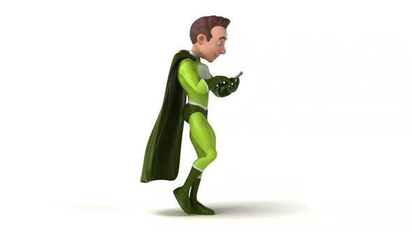 Fun 3D cartoon superhero walking with a smartphone