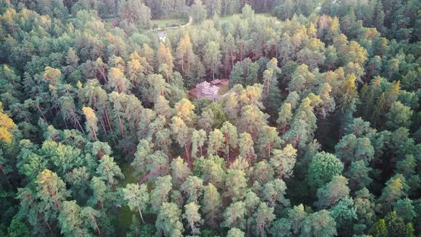 Reconstructed Wooden Castle of Semigallians in Tervete, Latvia Surrounded by Pine Forest. Aerial Dro