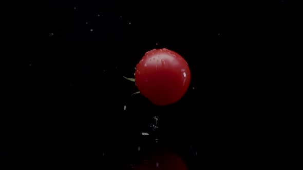 Tomato Slow Motion Closeup Falling in Water with Splash Droplets