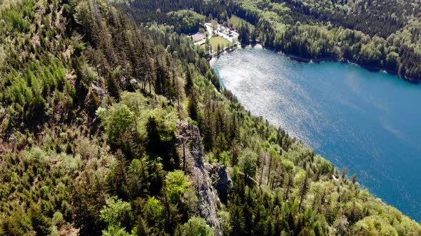 Beautiful view from the Signalkogel to the Lake Langbathsee and Mountains drone video