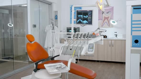 Interior of Stomatology Orthodontic Hospital Office with Nobody in It Ready for Dental Surgery