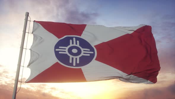 Wichita City Flag Kansas Waving in the Wind Sky and Sun Background