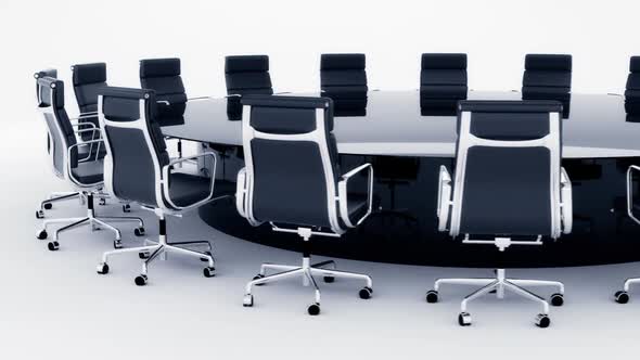 Seamless animation of round table with office chairs around. Loopable. HD