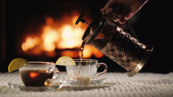 Tea By the Fireplace, Romantic Evening Concept