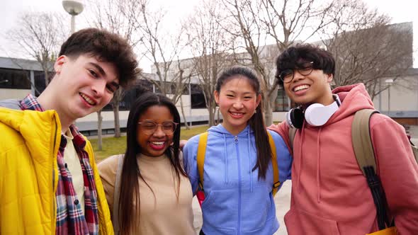 Big Group of Cheerful Motivated and Excited Young Friends Taking Selfie Portrait