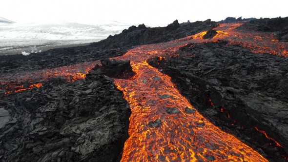 Flying Low close to Hot lava magma revealing Mount Fagradalsfjall, Iceland