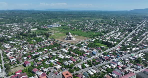 Zugdidi, Georgia - May 3 2022: Aerial view of Zugdidi Iveria Cathedral of the All-Holy Mother of God