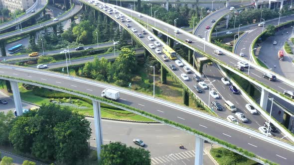 Aerial view of highway and overpass in city