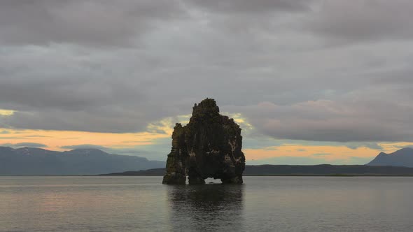 Hvitserkur Basalt Stack in Iceland Filmed at Sunset