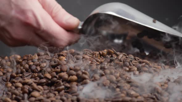 Man Hand Scooping Coffee Grains Using Ladle Close Up