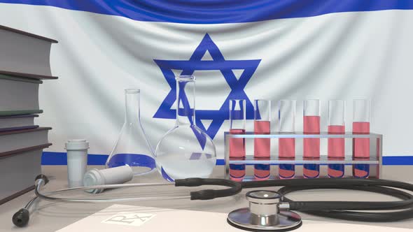 Clinic Laboratory Equipment on Israeli Flag Background alt