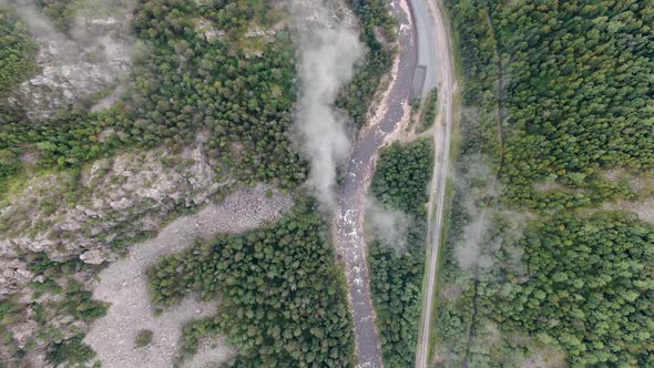 Drone Flight Over Clouds Forest and River