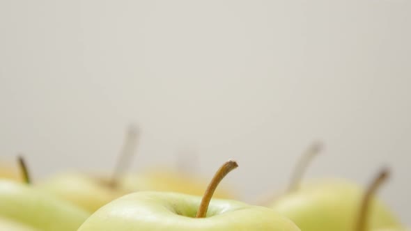 Organic green apples with petals in group close-up 4K 2160p 30fps UltraHD tilting footage - Lot of o