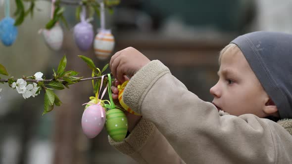 a Cute Child Hangs Colorful Easter Eggs on a Flowering Tree