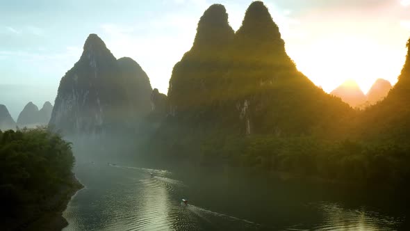 Aerial of the amazing rock formations along the Li River in China