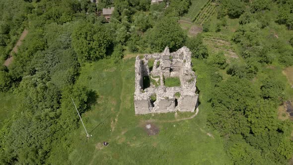 Knights Templar Castle Ruins in European Landscape in Ukraine, Aerial