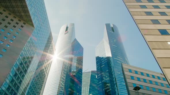 Blue Glass Skyscrapers and Modern Office Buildings in Paris Downtown France