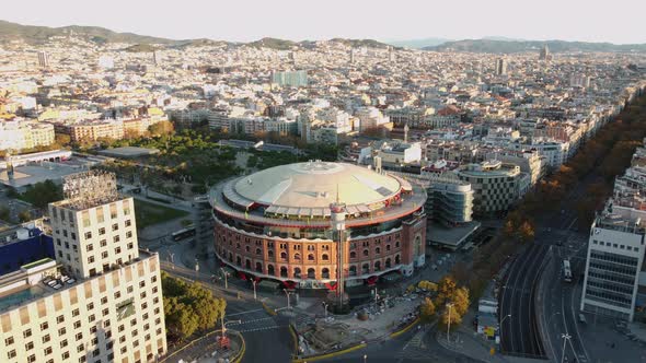 Aerial City View of Barcelona in Morning Sunlight Spain