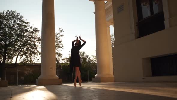 Graceful Beautiful Young Ballerina in Black Dress Dancing Near Ancient Palace in Slowmotion