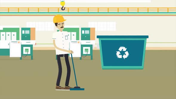 Worker in yellow helmet pulling the lever at the waste recycling shop