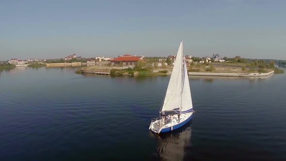 Luxury Yacht on River, Aerial Shot. Yachting, Outdoor Activities