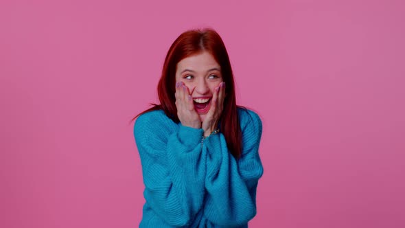 Teen Girl in Blue Sweater Shouting Raising Fists in Gesture I Did It Celebrating Success Winning